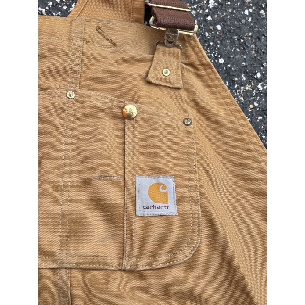 Carhartt R01 BRN Brown Duck Bib Overalls Double Knee Unlined 46x30 Faded Stains - Picture 2 of 6